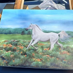 White Horse Original Painting On Canvas In Flowers Equine Fine Art 18 X 14"